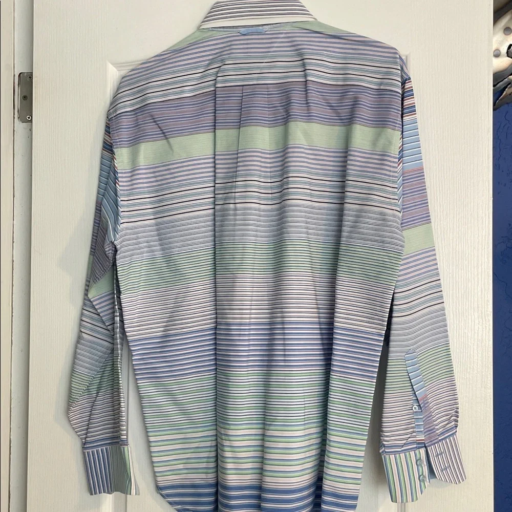 Tommy Hilfiger Men's Blue and Green Striped Dress Shirt